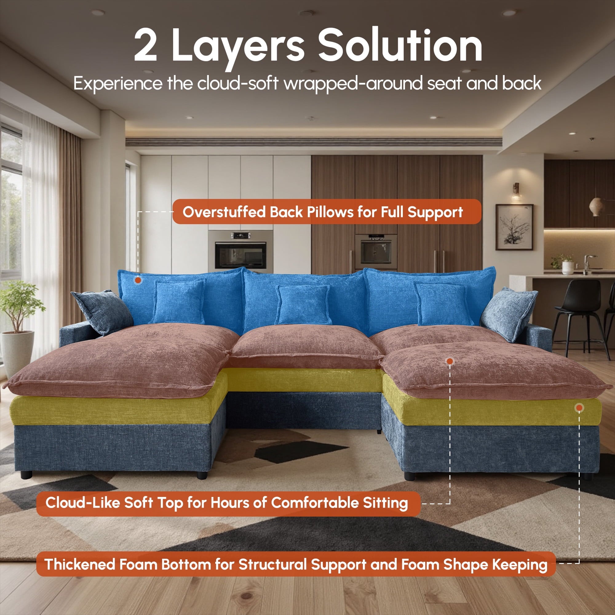 Ovios 108 Modular Sectional Sofa U-Shaped Cloud Couch with 2 Ottomans, Comfy Living Room Furniture, Chenille, Camel
