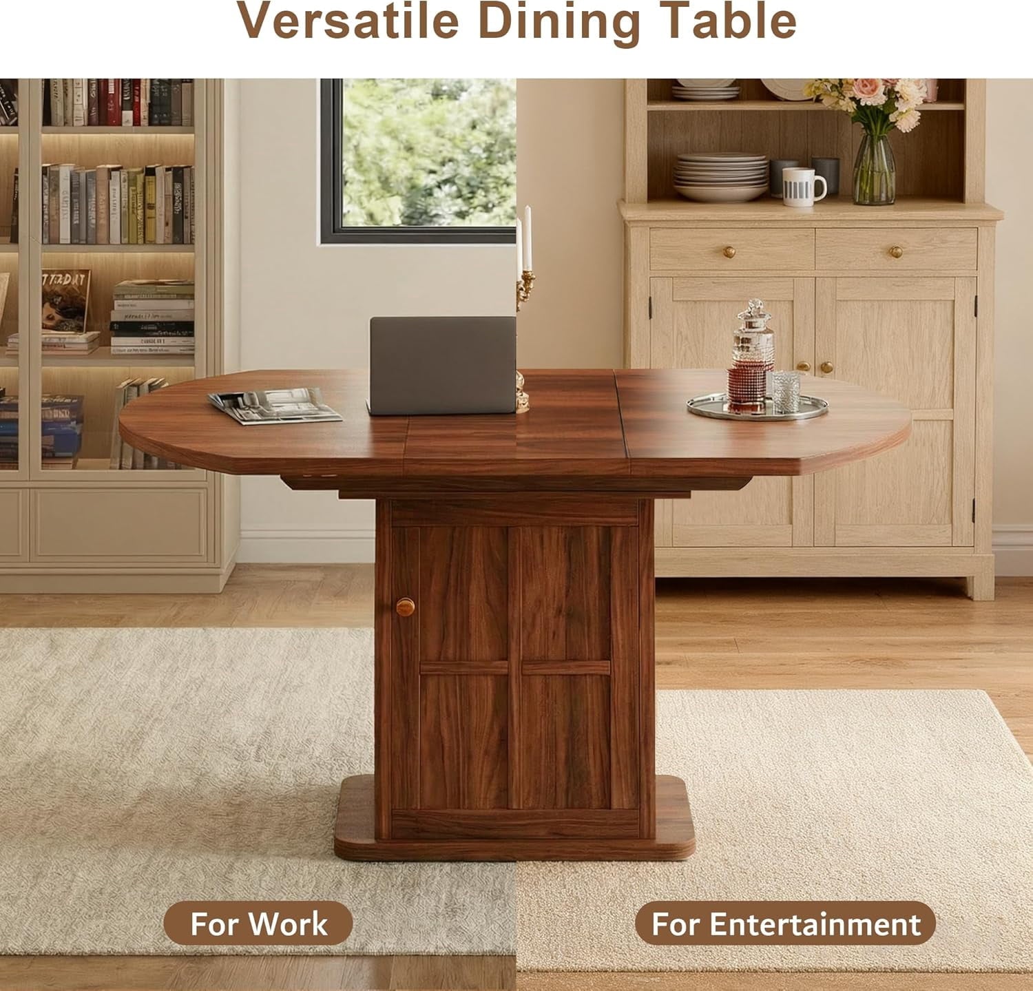 iPormis Extendable Round Dining Table for 4-6, 59'' Modern Kitchen Table with 2-Tier Storage Shelf, Wood Door, MDF Board, Space Saving Oval Dinner with Sturdy Pedestal Base, Kitchen, Dining,Walnut