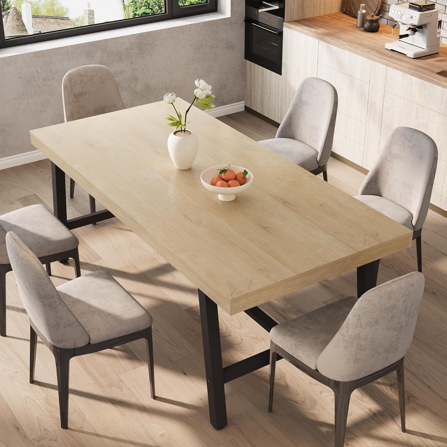 Industrial Dining Table for 6-8 People, 70.87 Long Wooden Kitchen Table with Sturdy Metal Frame & Natural Finish, Seats 6 Rectangular Counter for Dinner, Kitchen, Dining Room - Natural