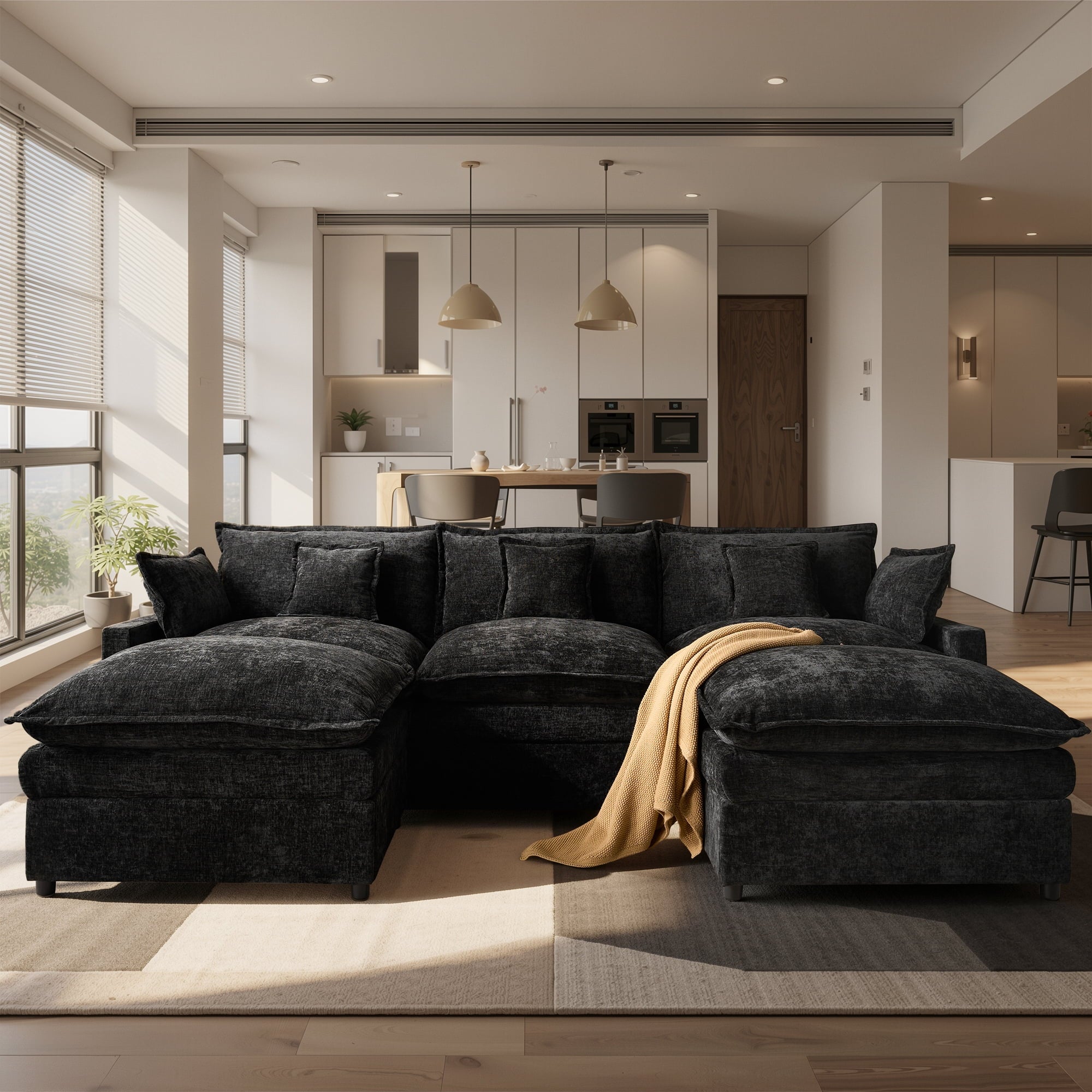 Ovios 108 Modular Sectional Sofa U-Shaped Cloud Couch with 2 Ottomans, Comfy Living Room Furniture, Chenille, Dark Blue