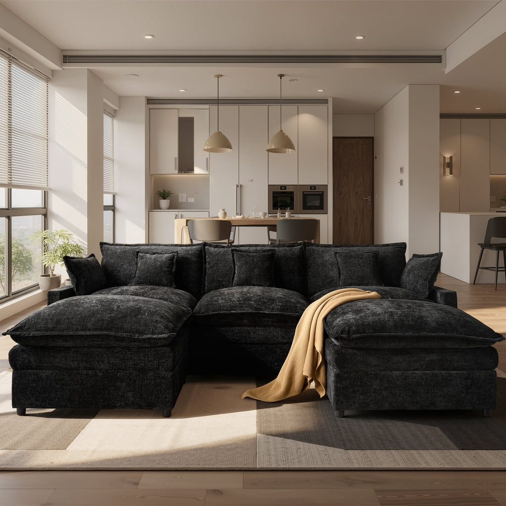 Ovios 108 Modular Sectional Sofa U-Shaped Cloud Couch with 2 Ottomans, Comfy Living Room Furniture, Chenille, Camel