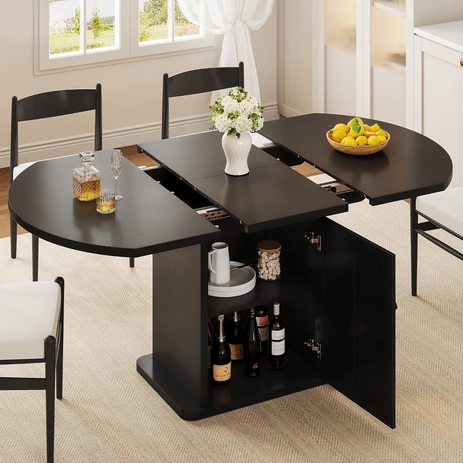 iPormis Extendable Round Dining Table for 4-6, 59'' Modern Kitchen Table with 2-Tier Storage Shelf, Wood Door, MDF Board, Space Saving Oval Dinner with Sturdy Pedestal Base, Kitchen, Dining,Walnut