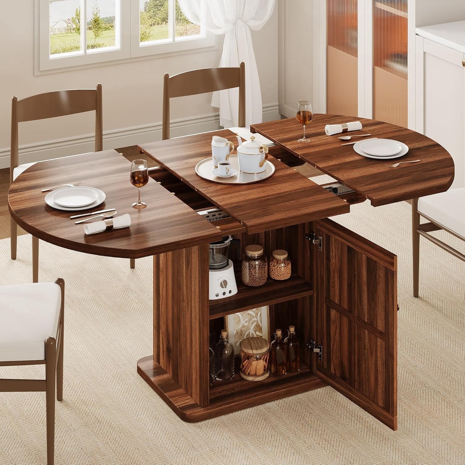 iPormis Extendable Round Dining Table for 4-6, 59'' Modern Kitchen Table with 2-Tier Storage Shelf, Wood Door, MDF Board, Space Saving Oval Dinner with Sturdy Pedestal Base, Kitchen, Dining, Natural