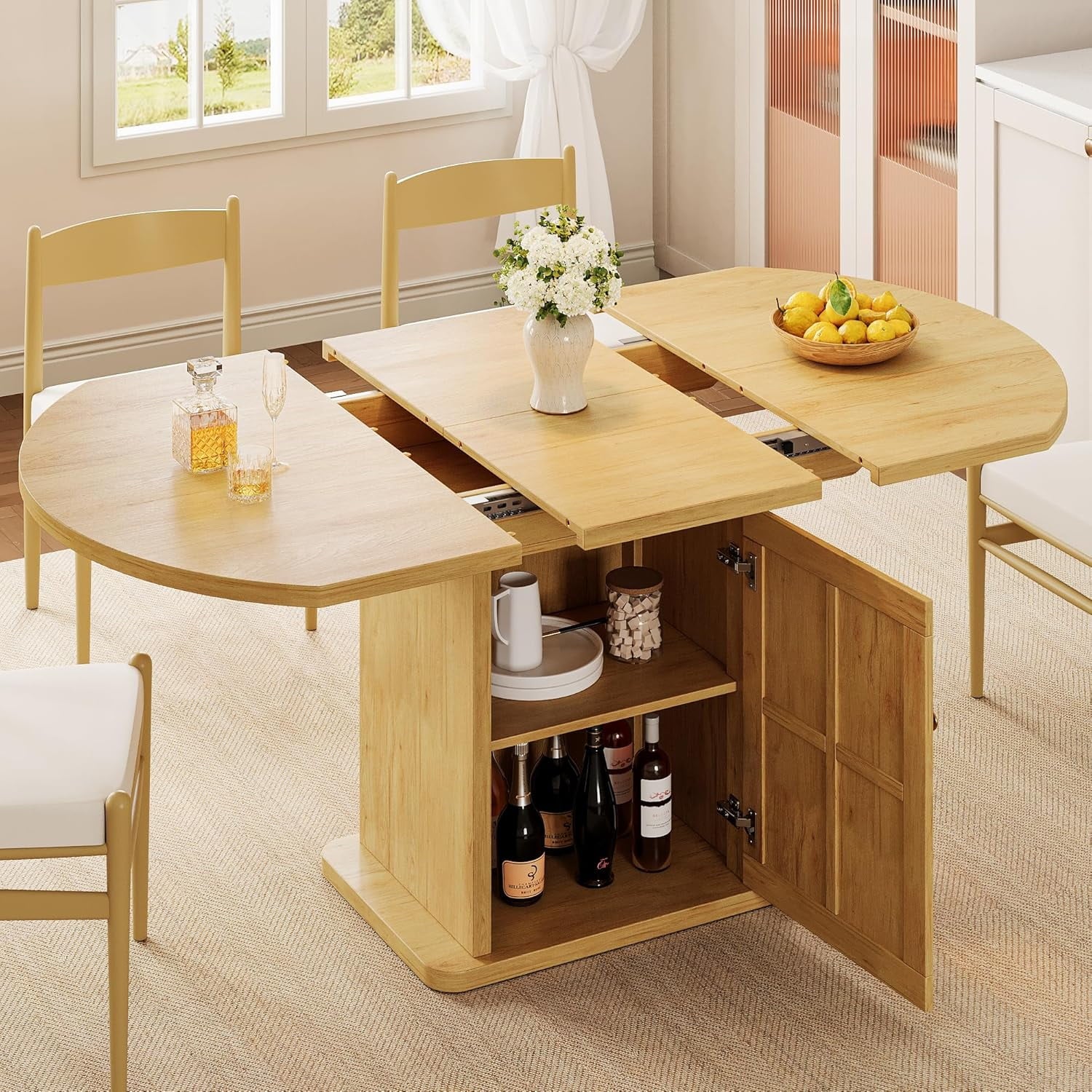 iPormis Extendable Round Dining Table for 4-6, 59'' Modern Kitchen Table with 2-Tier Storage Shelf, Wood Door, MDF Board, Space Saving Oval Dinner with Sturdy Pedestal Base, Kitchen, Dining, Natural
